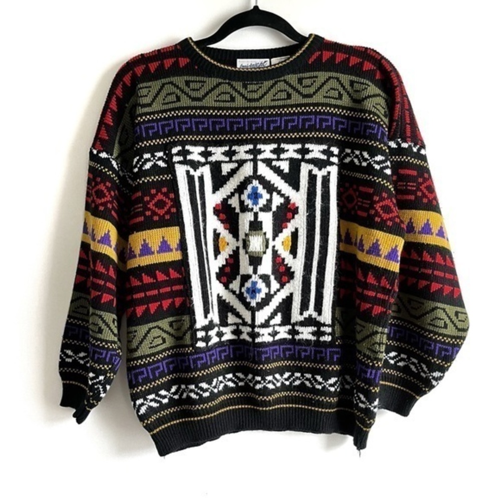 Vintage Midnight Blues Colorful Aztec Design Oversized Sweater Size Medium